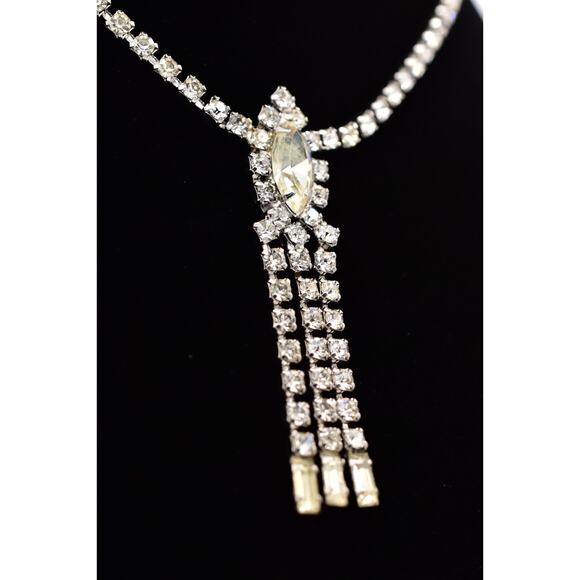 Vintage ASTRA Rhinestone Necklace Marquise Center Tassel Drop Silver Tone BinBQ - Picture 5 of 16